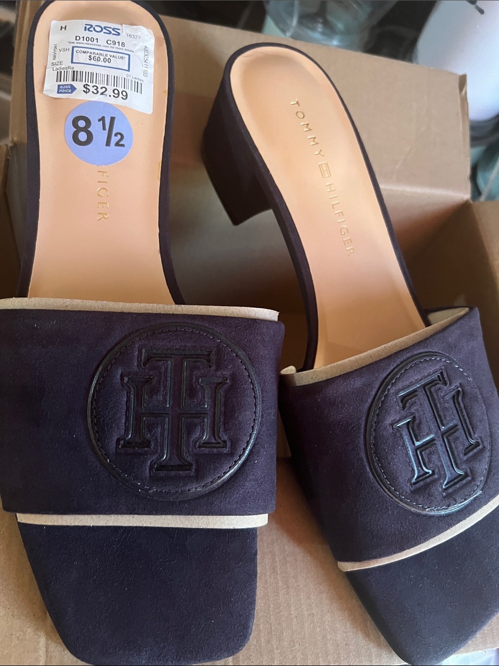 Tommy Hilfiger  Navy Suede Logo Slide Mules